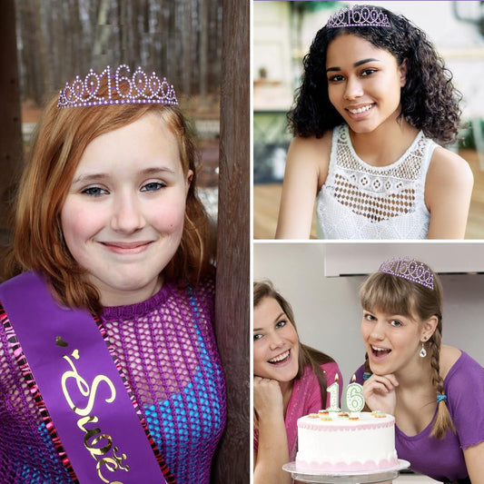 16th Birthday Party Essentials for Girls - Purple Decorations, Crown and Sash, Cake Topper for a Delightful Celebration