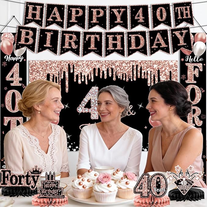40th Birthday Decorations for Women, 38pcs Black Rose Gold Backdrop, Honeycomb Centerpieces, Banner, Hanging Swirls, Porch Banner, Balloons, Sash, Crown for 40 Years Old Birthday Decorations