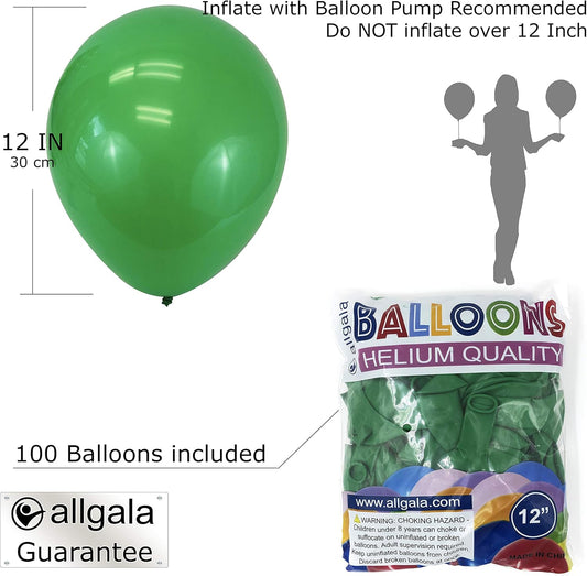 Allgala Latex Balloons for Parties | Helium Grade Bulk Balloon Pack | Ideal for Birthday Party Decorations, Baby Shower, Christmas Party | Colored Balloons for Events | 100ct 12" - Green