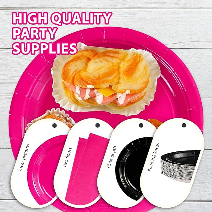 200Pcs Hot Pink and Black Birthday Decorations Hot Pink Party Plates and Napkins Disposable Heavy Duty Pink and Black Tableware Set for Valentine’s Day Girls Women Birthday Bridal Shower Gender Reveal