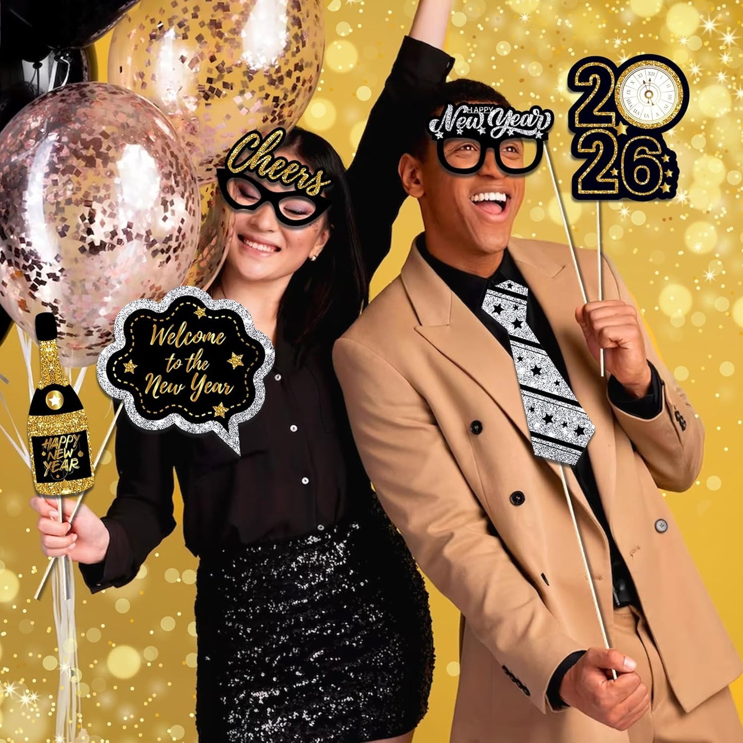 New Years Photo Booth Props 2026 – Pack of 30, Nye | Eve Party Supplies Black Gold New Year’s Eve Photo Prop 2026 Happy News Years Selfie Props Decorations for NYE Party Favor Decorations Supplies