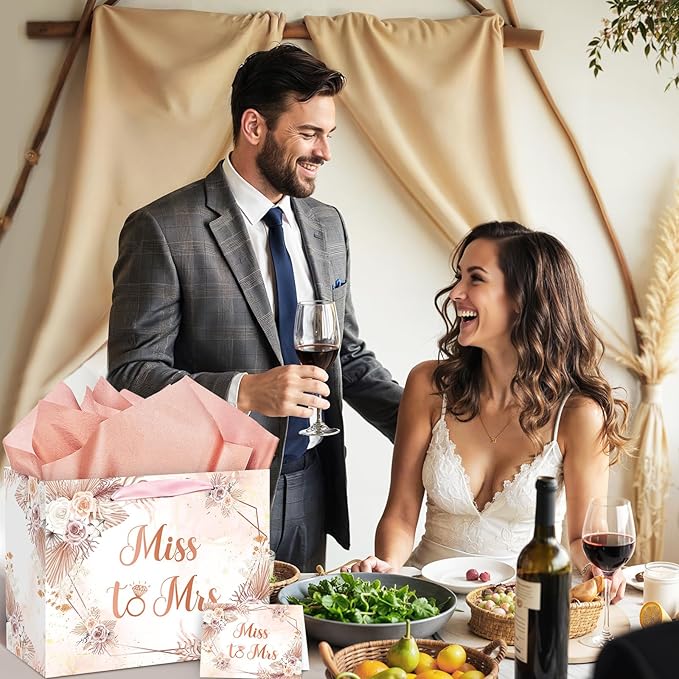 Yomaiha Bridal Shower Gift Bag Wedding Miss to Mrs Gifts Bag with Tissue and Card Bridal Shower Gift Wrapping Paper Bag Floral Boho Wedding Gift Bags Bride Engagement Bachelorette Party Bag