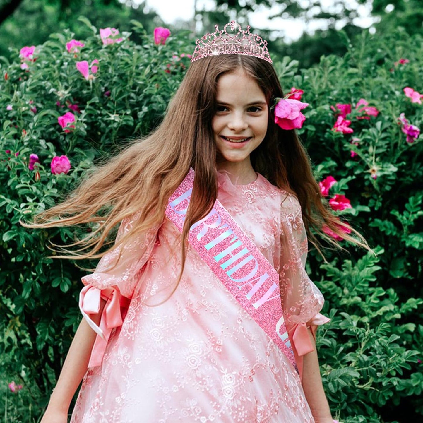 Birthday Girl Tiara and Sash Set - Pink Rhinestone Crown & Glitter Iridescent Sash for Birthday Party, Princess Celebration, Gift for Girls and Women
