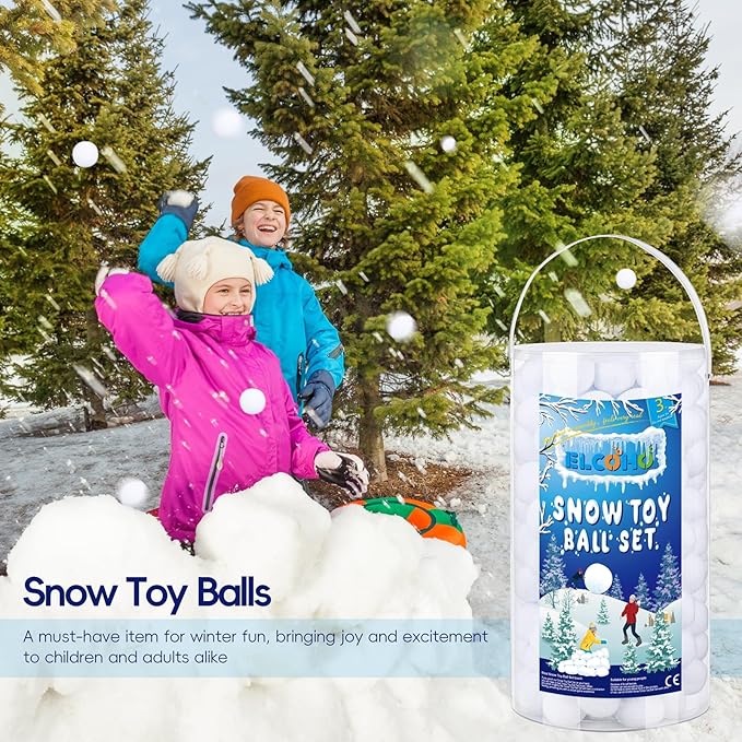 Elcoho 200 Pieces 2 Inch Artificial Snow Toy Ball Set with Bucket for Storage Kids Snow Fight Ball Realistic Snow White Plush Toss Ball for Kids Toss Game Winter Snow Fight Indoor Outdoor Xmas Decor