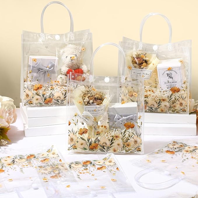 Resholder 24 Pcs Boho Flower Clear Gift Bags Wild Floral PVC Treat Tote with Handle Fall Thanksgiving Goodie Gift Bags for Wedding Birthday Baby Shower Bridal Tea Party Supplies, 8 x 8 x 3.15 Inch