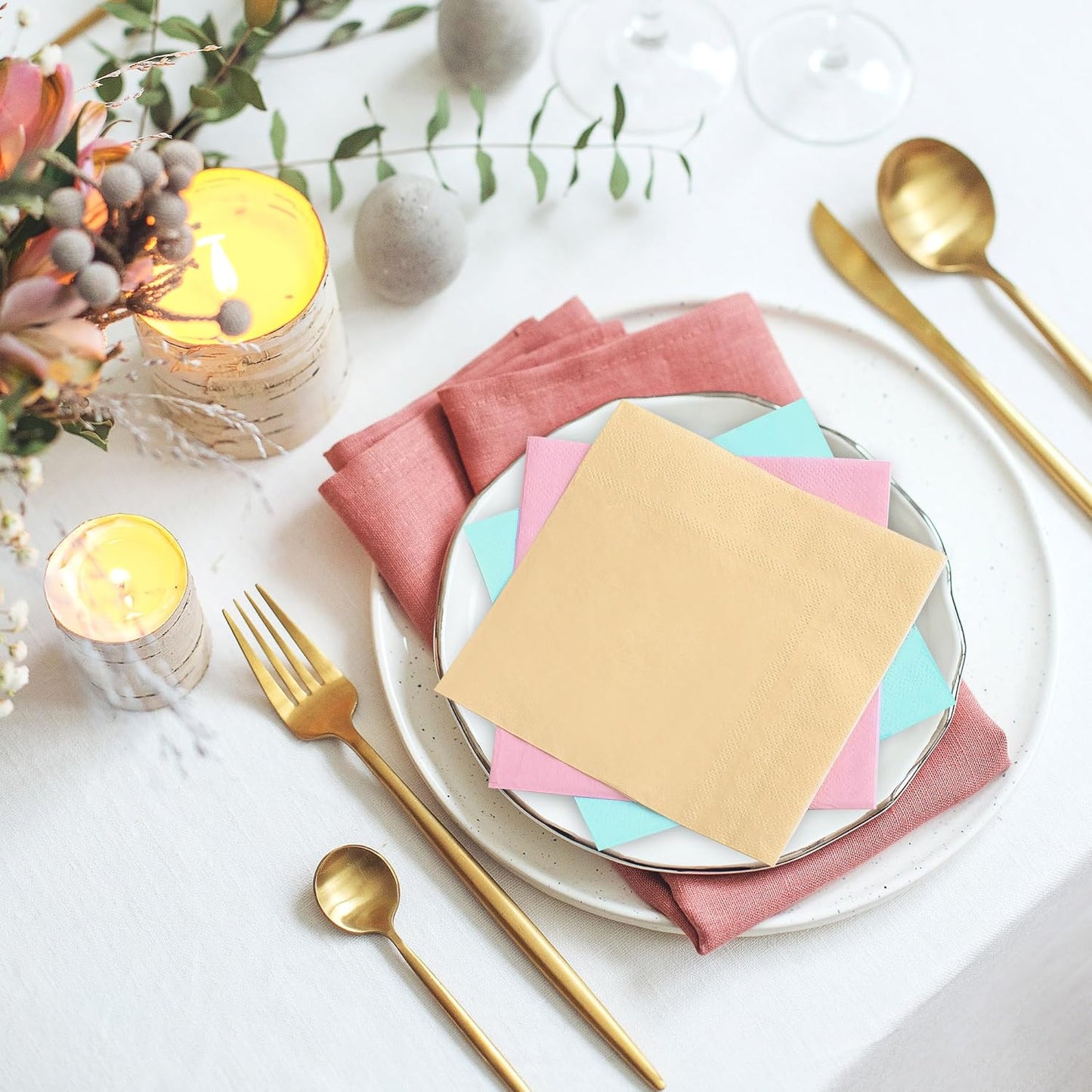 Resinta 120 Pieces Cocktail Napkin Pastel Rainbow Paper Napkins Beverage Luncheon Paper Napkins 2 Ply for Party Favors, 6 Colors