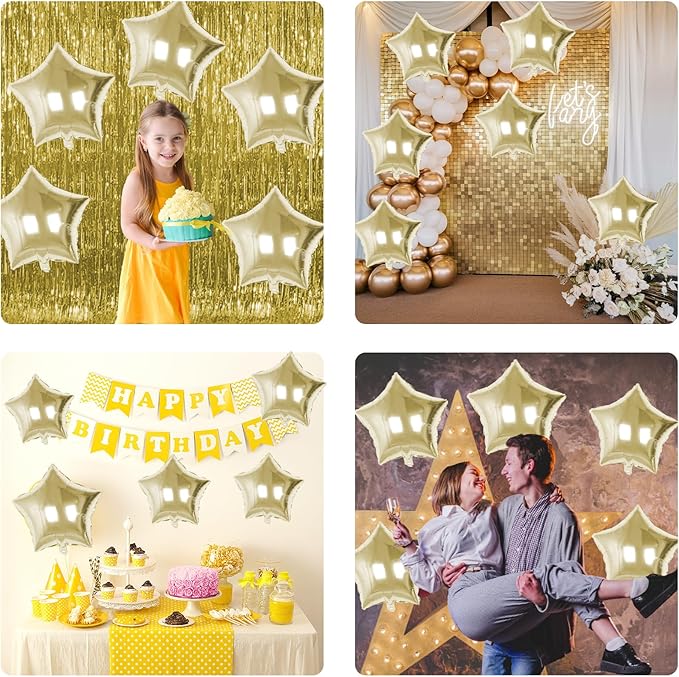 Gold Star Foil Balloons, 10PCS Light Gold Foil Stars Shape Balloon, 18 Inch Metallic Gold Balloons for Helium Pentagram Balloon for Birthday, Wedding, Graduation, Baby Shower Party Decorations