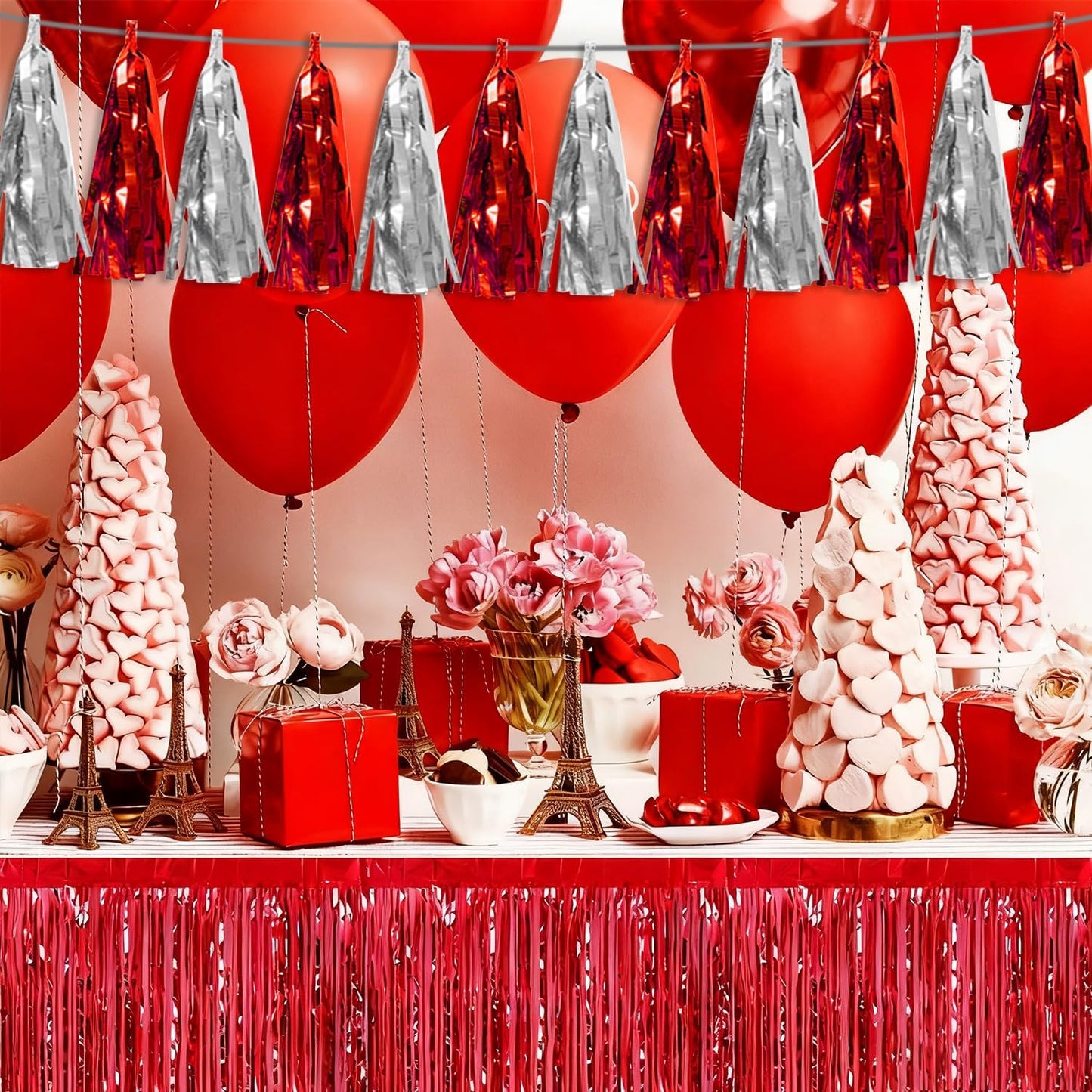 3P Red Silver Tassel Banner Garland Metallic Foil Fringe Banner Tinsel Tassels Streamer Banner Backdrop for Parade Floats, 2025 Graduation Decorations, Father's Day, Wedding Party Decoration