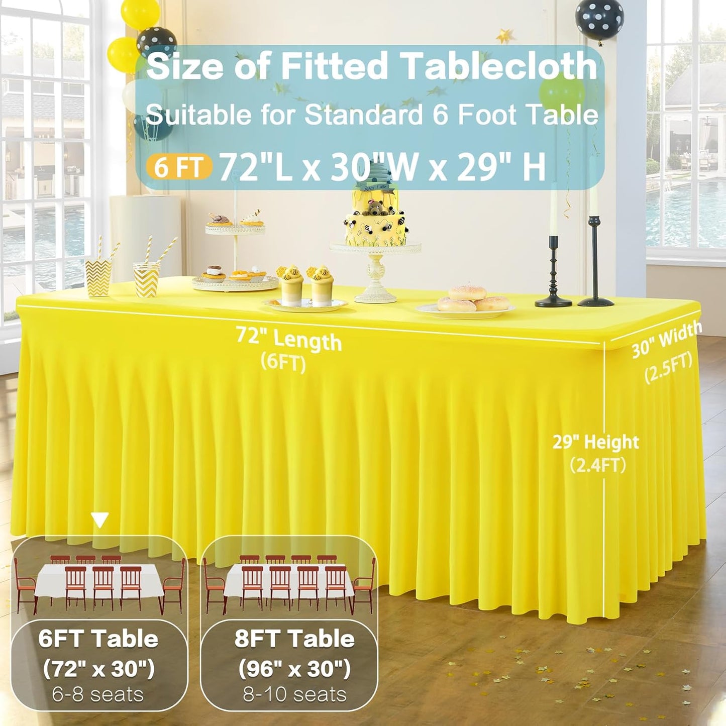 3 Pack Yellow Spandex Tablecloth for 6 Foot Rectangle Tables, Wrinkle Free Fitted Table Cloth Cover 6ft Yellow Stretchy Tablecloths with Skirt for Parties Weddings Birthday Banquet Baby Shower