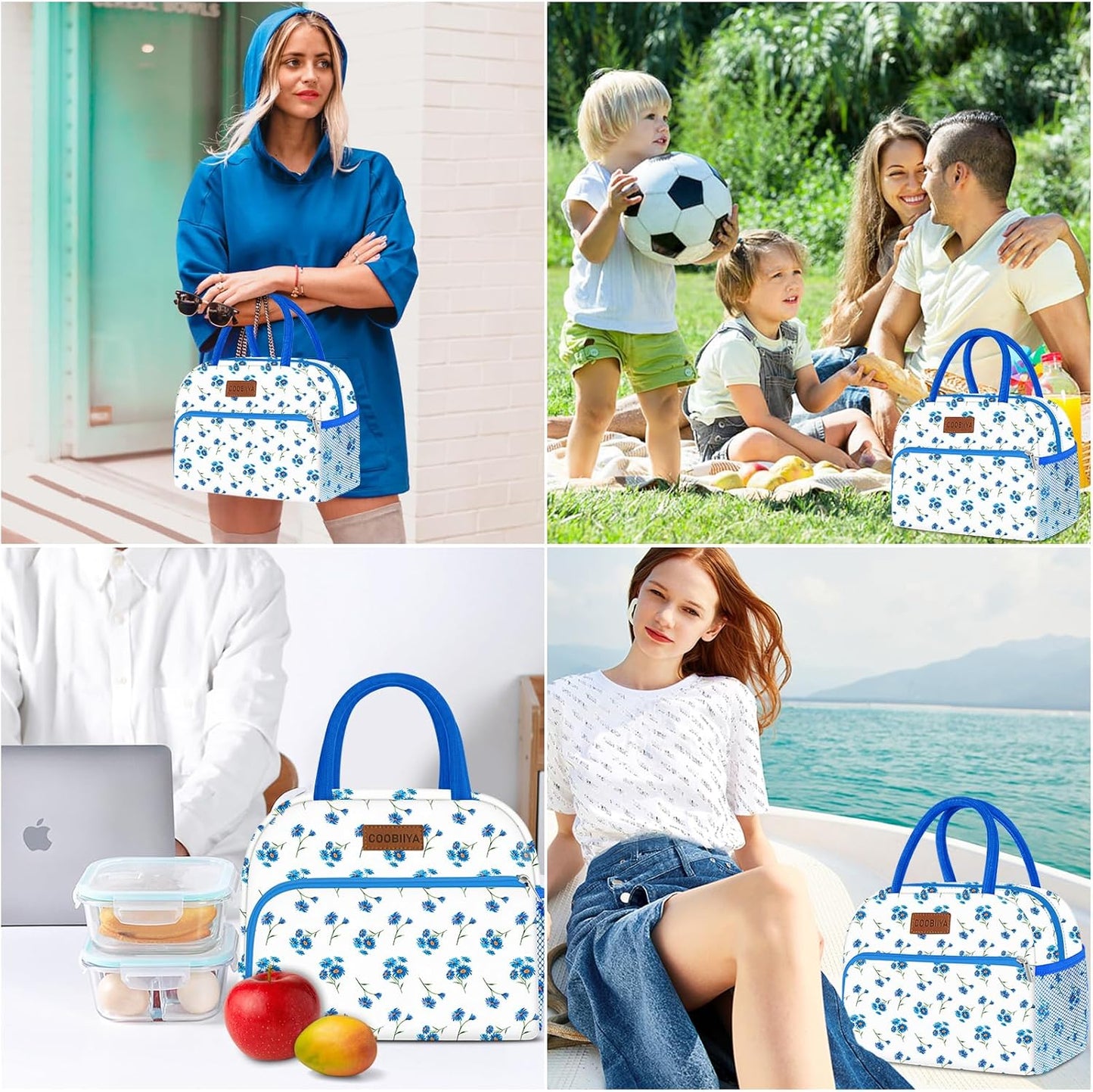 Coobiiya Lunch Bag Women, Lunch Box for Women Adult Men, Small Lunch Bag Leak-proof Cute Lunch Tote Large Capacity Reusable Insulated Cooler for Work/Office/Picnic/Travel-Blue Daisy