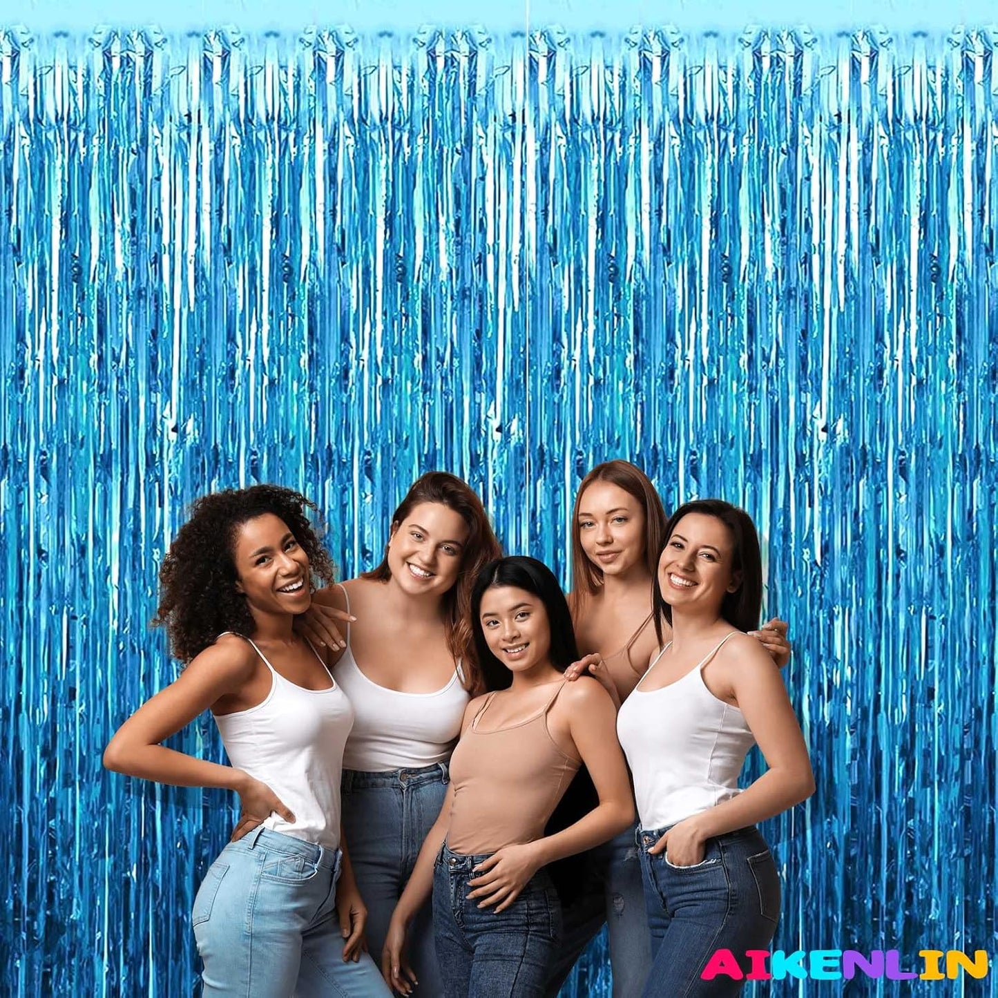 4 Pack 3.3Ft x 6.6Ft Lake Blue Foil Fringe Curtain Backdrop, Metallic Tinsel Foil Fringe Streamers Curtains Background for Photo Booth, Birthday, Wedding, Halloween, Christmas Party Decoration