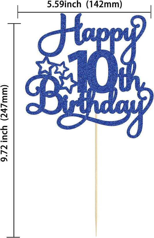 1 Pack Happy 10th Birthday Cake Topper Glitter Heart Star 10 Fabulous Cake Pick Birthday Sign Cake Decorations for Children 10th Birthday Theme Party Supplies Blue