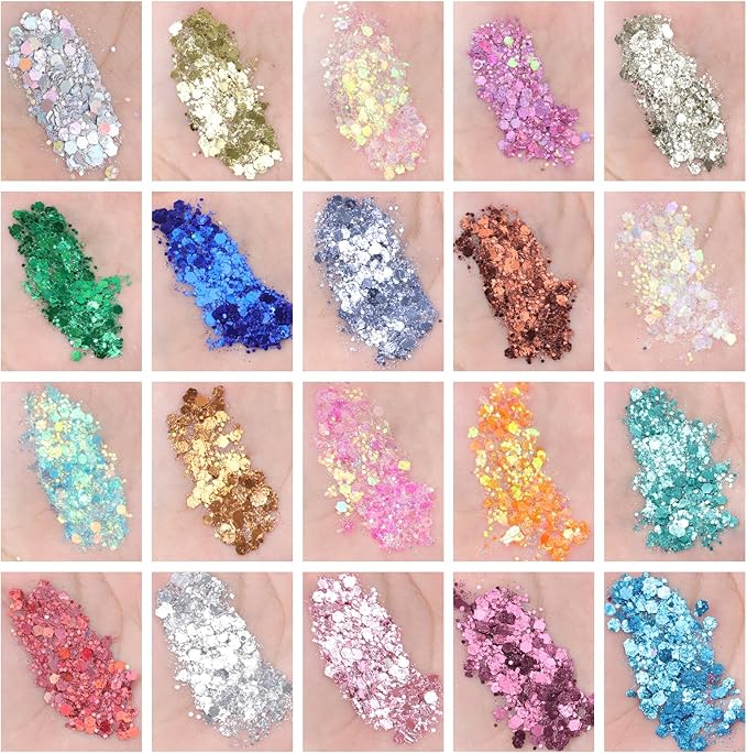 40 Colors Body Glitter, Mardi Gras Accessories Hair Glitter for Kids Women Glow in The Dark, Eyeshadow Face Sparkles, Makeup Festivals, Raves, Anime Cosplay, Concerts Face Paint Valentines Day Gifts
