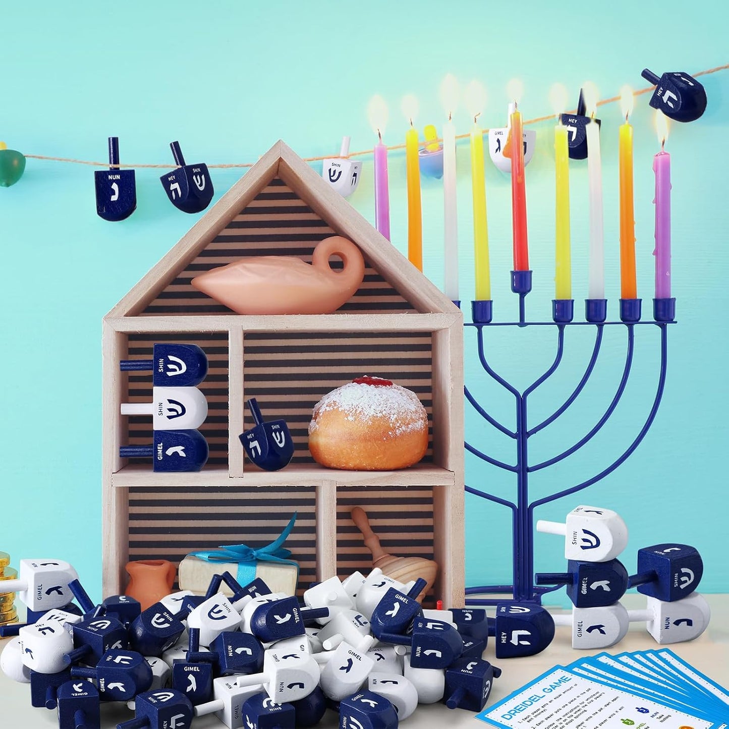 Wettarn 100 Pieces Hanukkah Dreidels Bulk Wooden Hanukkah Dreidels with Game Instruction Cards for Party Game(Size 1,Cool Style)