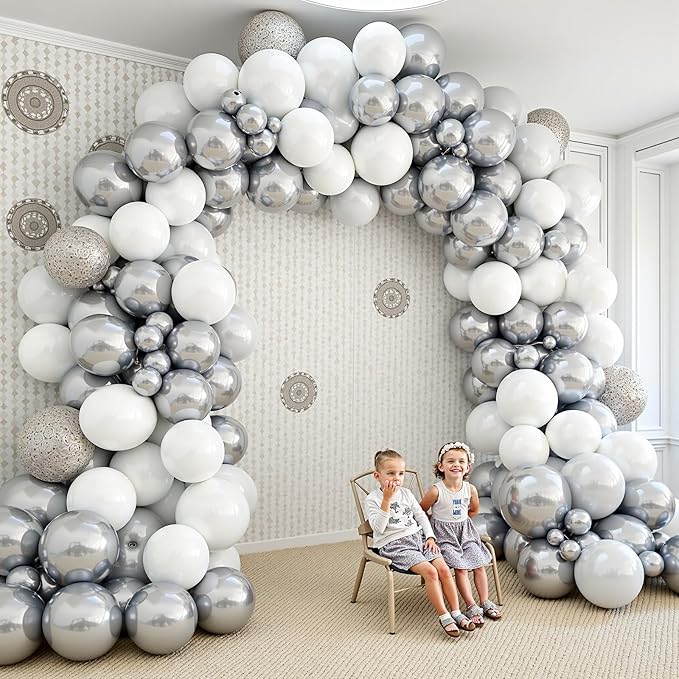 412Pcs White and Silver Balloons Arch Kit, 18 12 10 5 Inch White Metallic Silver Latex Balloon for Wedding Bridal Shower Engagement Anniversary Birthday Party Decorations