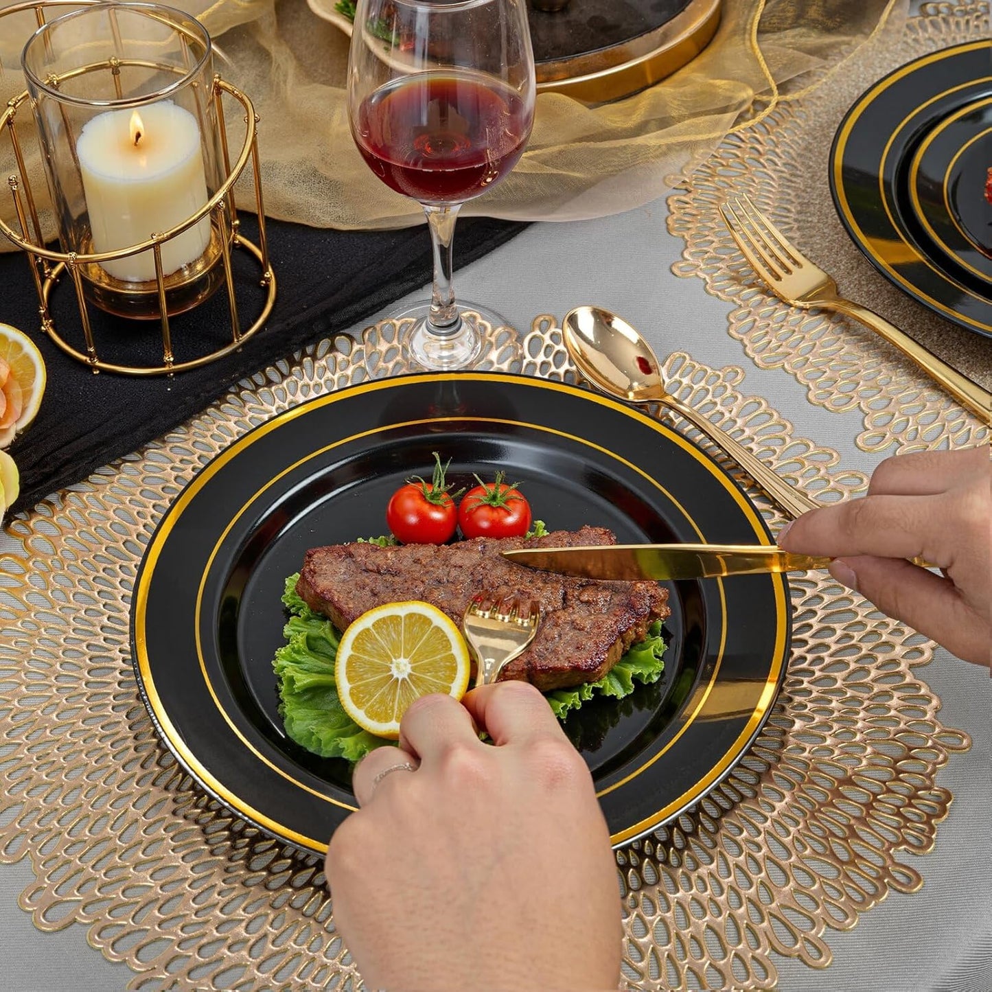 WDF 200PCS Black and Gold Plastic Plates - Black Plates Disposable for Party - Heavy Duty Plastic Plate for New Year