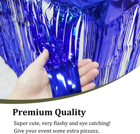 Set of 2 Metallic Foil Fringe Table Skirt 29x108 Inch Tinsel Disposable Skirting for Parade Floats Trailer, Mardi Gras Party, Birthday, Baby Shower, Wedding (Blue)
