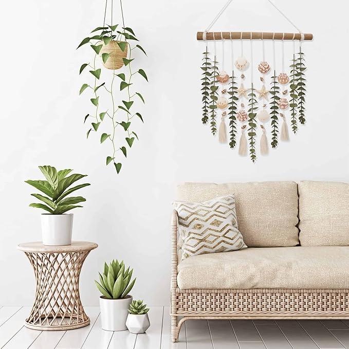 Bathroom Wall Decor Artificial Eucalyptus Boho Bedroom Decor Fake Eucalyptus Plants Leaves with Seashell on Stick Coastal Decor Natural Home Decorations for Living Room Nursery Kitchen