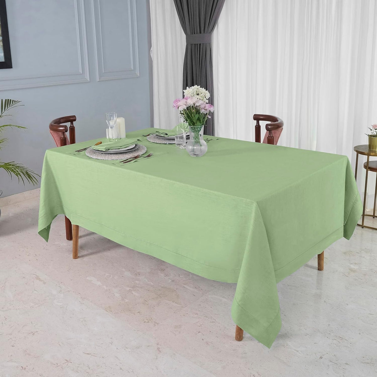 D'Moksha Homes Sage Green Linen Tablecloth for Rectangle Tables 60 x 144 Inch - 100% Pure Linen Green Table Cloth - Classic Hemstitch, Machine Washable Dining Tablecloth for Fall, Autumn and Halloween
