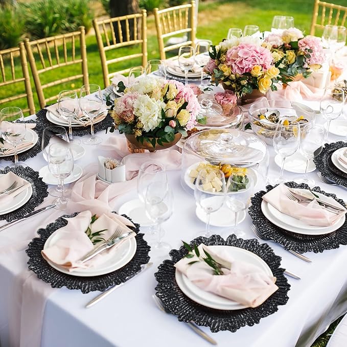 Rtteri 50 Pcs 13 Inch Charger Plates Bulk, Plastic Charger Plates with Floral Reef Design, Round Ruffled Rim Decorative Dinner Tableware for Wedding, Party, Event Table Decor(Black)