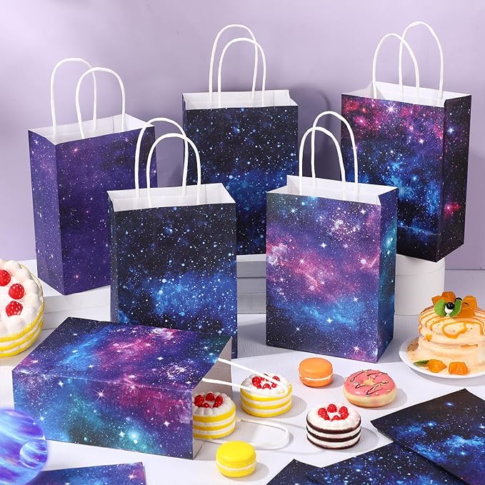 Gaillty 24 Pcs Galaxy Party Favor Bags Starry Sky Goodie Gift Bags with Handles Kraft Paper Galaxy Treat Candy Totes for Space Stars Themed Birthday Party Supplies Decorations