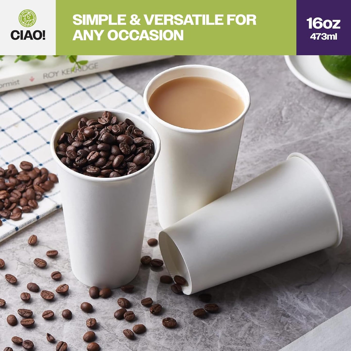 CIAO! 16oz White Paper Hot Cup, Disposable, 90mm Diameter 1,000 Count