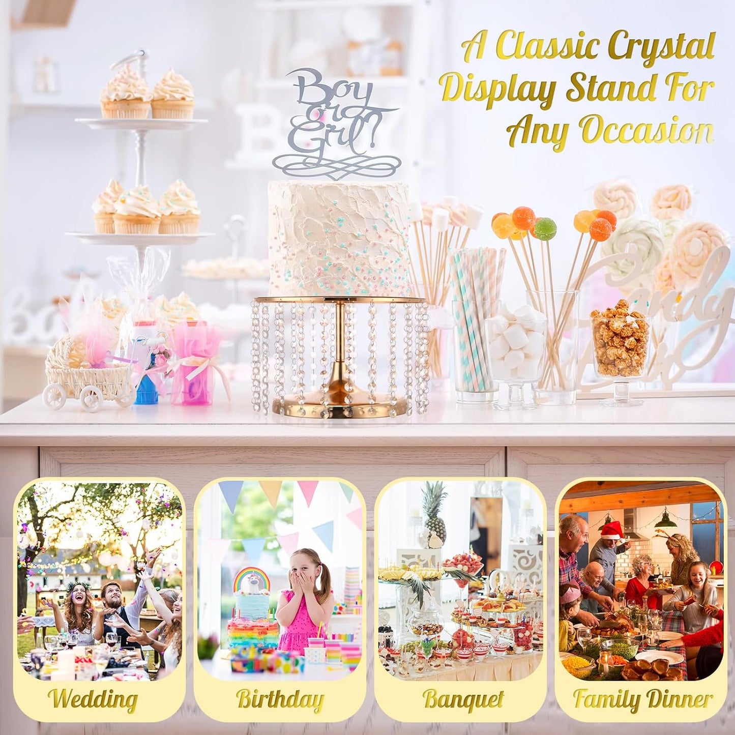 Set of 6 Metal Cake Stands with Crystal Pendant Round Dessert Display Plate Cupcake Holder Pedestal for Wedding Party Birthday Baby Shower Anniversary Celebration Home Decor (Gold)