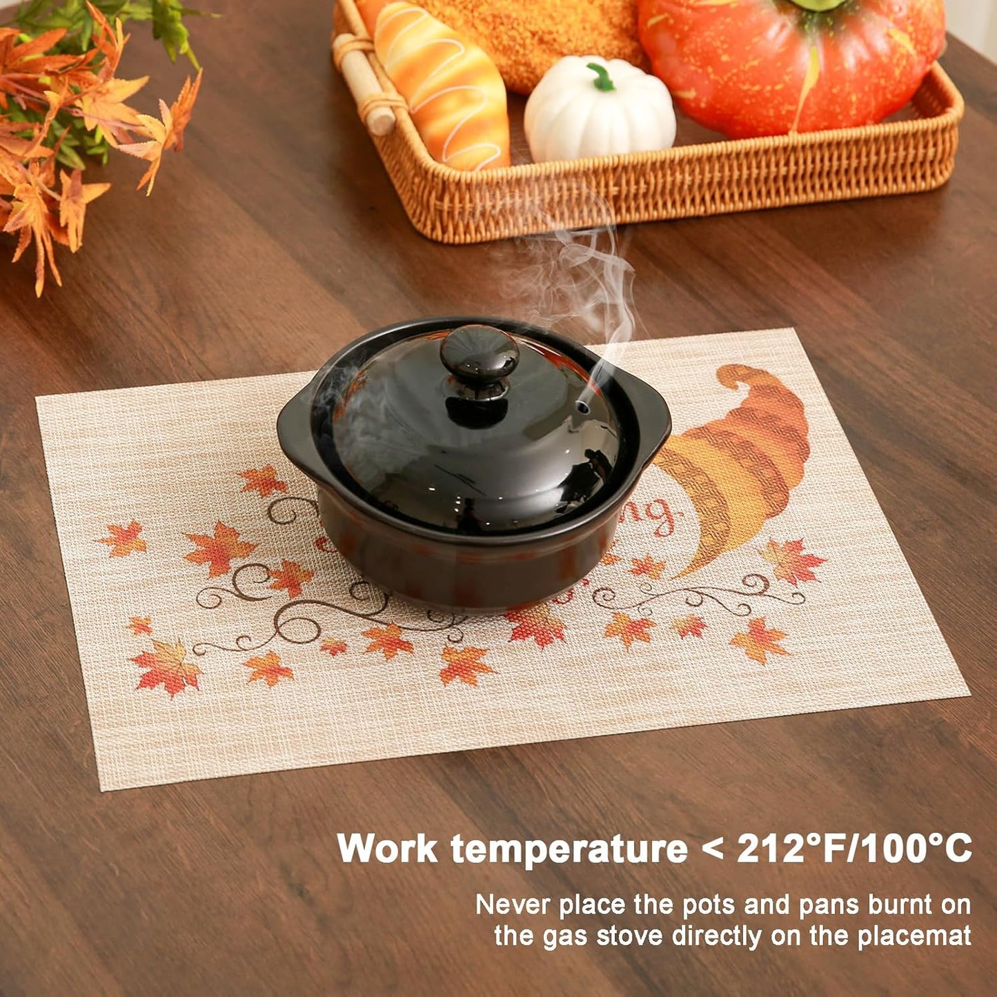 Thanksgiving Placemats Set of 6 Fall Place Mats Pumpkin Maple Leaves Table Mats Washable Non-Slip Heatproof Woven Placemats for Dining Table (17.7" X 11.8")