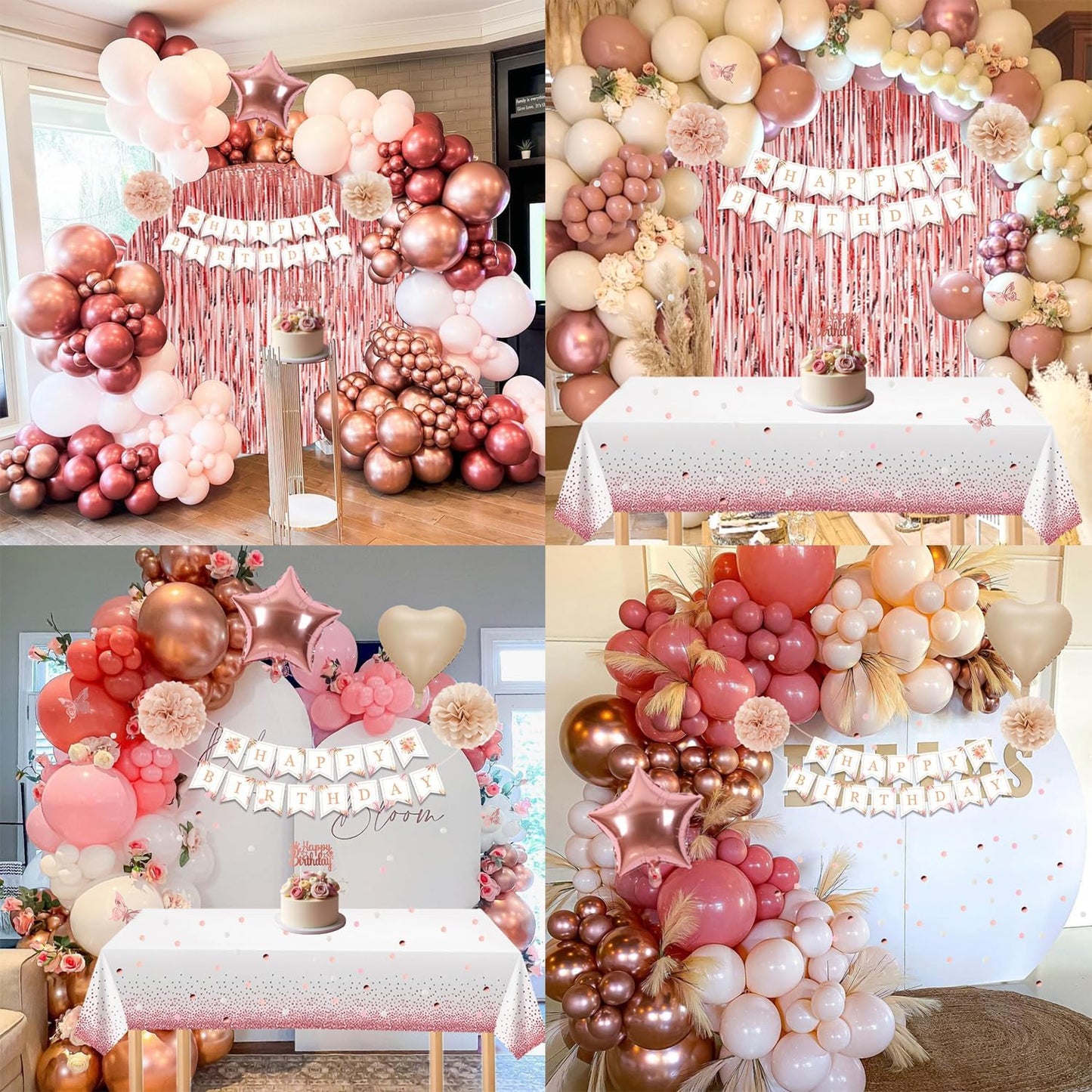 Birthday Decorations for Women Girls, Retro Blush Pink Birthday Party Decorations, Happy Birthday Banner, Crown, Sash, Pink Rose Gold White Sand Nude Balloons, Butterfly, Fringe Curtain, Tablecloth