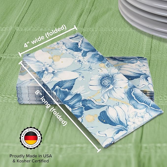 SimuLinen Blue Garden Floral Disposable Hand Towels for Bathroom, Single-Use Linen-Feel Guest Towels, Hand Tissue Paper, Cloth-Like Paper Napkins, Pack of 500