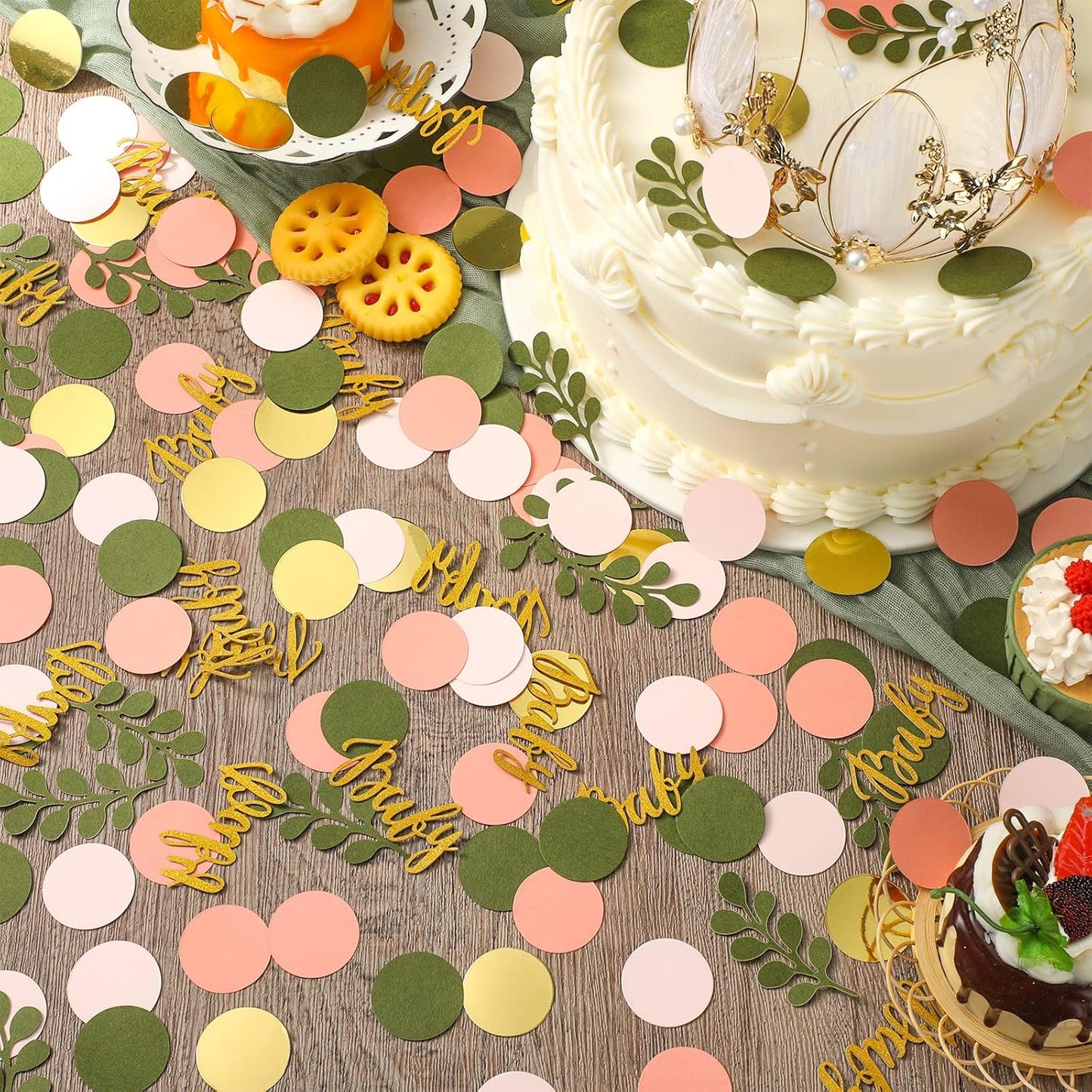 400 Pcs Sage Olive Green Baby Shower Confetti Scatter Decorations Peach Blush Pink Table Confetti Dots with Eucalyptus and Gold Baby Scatter for Gender Reveal Decor