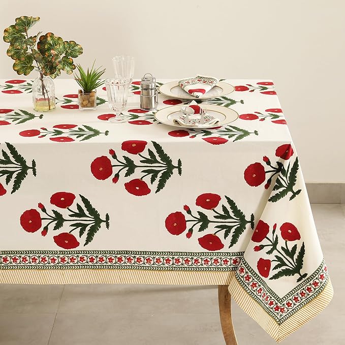 Labhanshi Indian Handblock Print Pre-Washed Cotton Floral 60x90 Inch Rectangle 6-Seater Tablecloth|Rustic Farmhouse Decorative Party Event Wedding Thanksgiving Festive Holiday Decor|Red Poppy