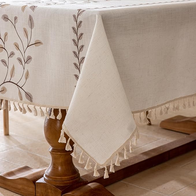 Joyfol Day Rectangle Linen Tablecloth, Heavy Duty Waterproof Tablecloths, Farmhouse Embroidery Leaves Table Cloth with Tassels, Soft Wrinkle Free Table Cover, Coffee Vines, 55''x 102''