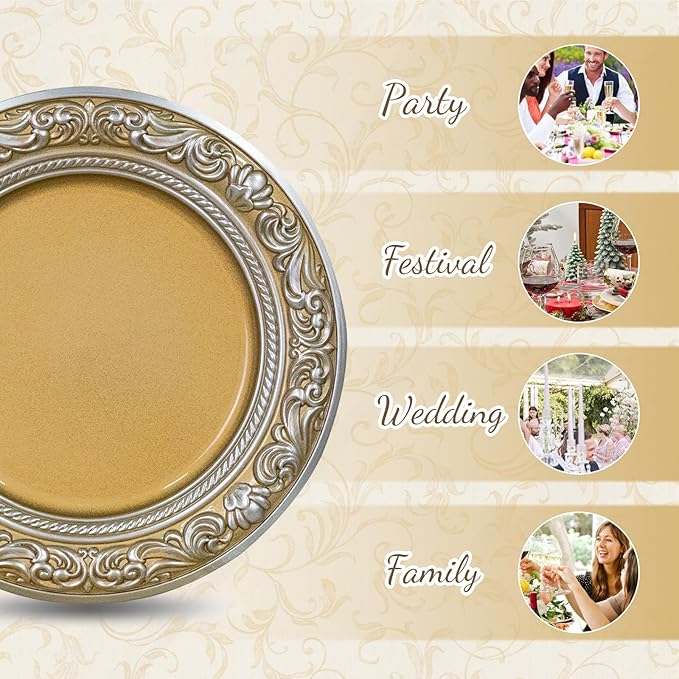 MAONAME 13" Round Charger for Dinner Plates, Gold Plate Chargers Set of 6, Charger Plates with Embossed Rim, Plastic Table Chargers for Wedding