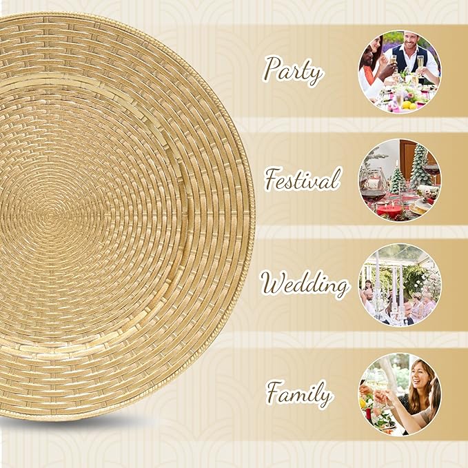 MAONAME 13" Gold Charger Plates Set of 12, Table Chargers for Dinner Plates, Faux Rattan Plastic Plate Chargers, Round Charger for Table Setting, Wedding Decor