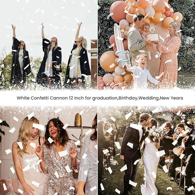 Confetti Cannon White Party Poppers 12 Pack Paper Confetti Poppers Wedding Confetti Shooters 12 inch Cannons for Wedding Graduation New Year Eve Celebration Christmas Birthday Party