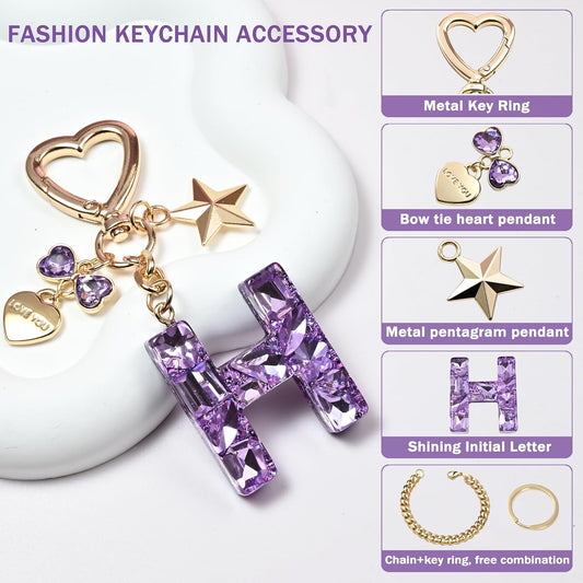 Cute Bling Keychain initial Letter Butterfly Star Pink Purple Gift for Women Girls Bag Cup Charms Accessories