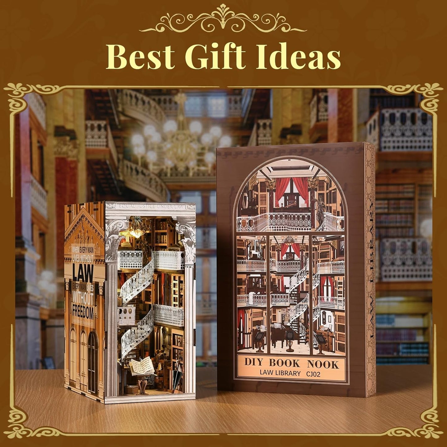 DIY Book Nook Kit for Adults, 3D Wooden Puzzle Bookend Bookshelf Insert Decor with LED Light and Dust Cover (Law Library)