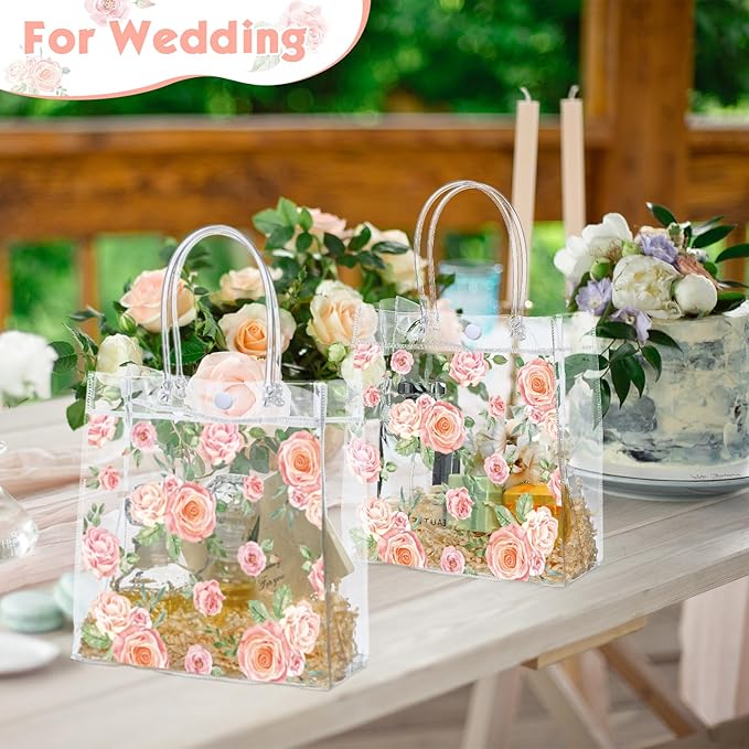 Aliceset 20 Pcs Clear Floral Clear Gift Bags with Handles PVC Flower Rose Party Goodie Treat Bag for Mother's Day Mom Tea Party Baby Shower Spring Birthday Bridal Shower, 8 x 8 x 3.15 Inch