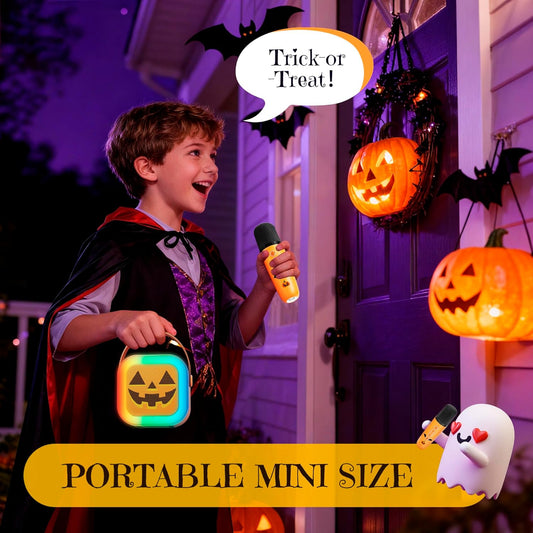 Mini Karaoke Machine for Kids, Halloween Party Supplies & 2025 TOP Toy Gifts Ideas for Girls Boys Ages 4-12, Portable MP3 Player with 2 Wireless Mics for Birthday Christmas Singing Games(Pumpkin)