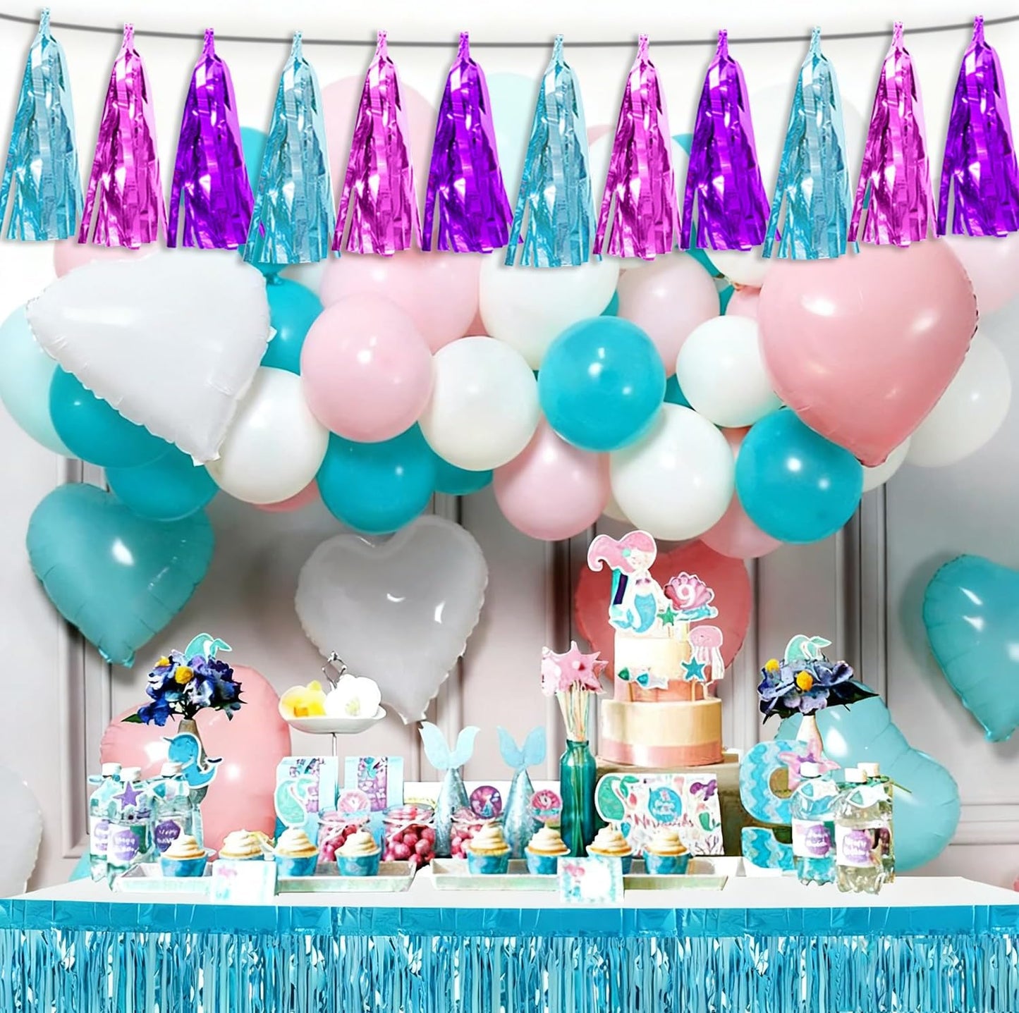 4P Lake Blue Purple-Hot Pink Tassel Banner Garland Metallic Foil Fringe Banner Tinsel Tassels Streamer Banner Backdrop for Parade Floats,Graduation Decorations, Wedding Party Decoration