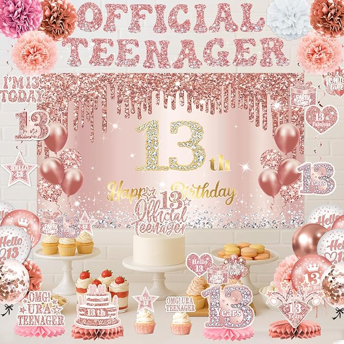 13th Birthday Decorations for Girls – 53pcs Official Teenager Decorations Backdrop, Banner, Honeycomb Centerpieces, Hanging Swirls, Foil & Latex Balloon, Cake & Cupcake Toppers, Sash, Pom Poms