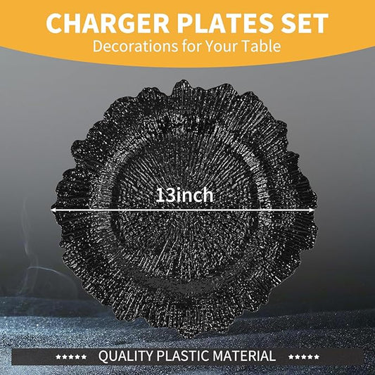 24 Pcs Black Charger Plates Bulk 13 Inch Plastic Charger Plates for Dinner Plate, Black Chargers for Table Setting, Reef Design Plate Floral Decorative Round Chargers for Wedding Party, Event