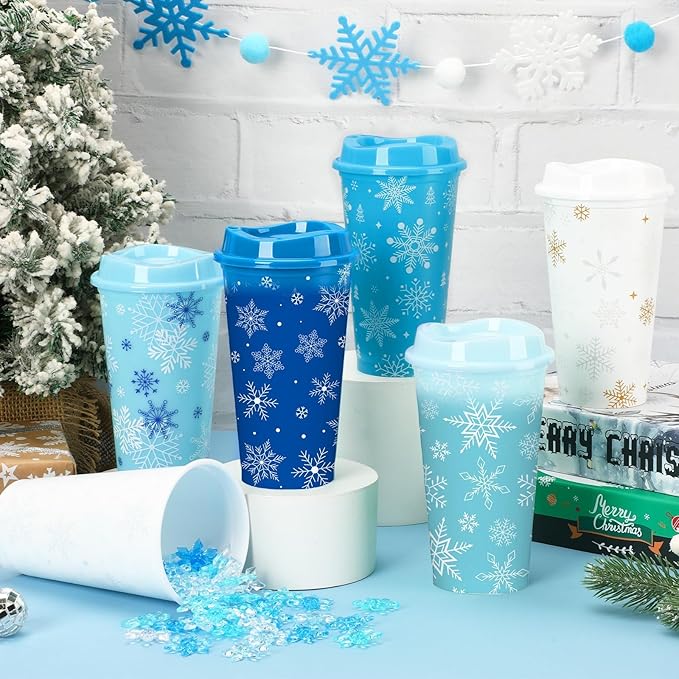 Jansun 12pcs Christmas Winter Snowflake Color Changing Cups with Lids, 16Oz Reusable Plastic Coffee Cups for Holiday Birthday Party Favors Supplies