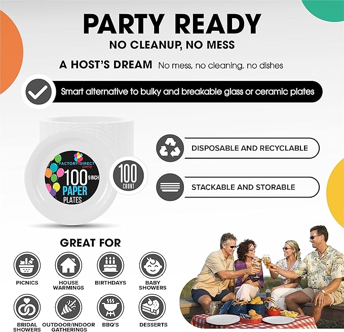 Exquisite Party Solids White Paper Plates Disposable Heavy Duty 9 Inch White Disposable Plates For Party 100 Pcs Heavy Duty Paper Plate 350 GSM, Birthday Supplies Plate Set