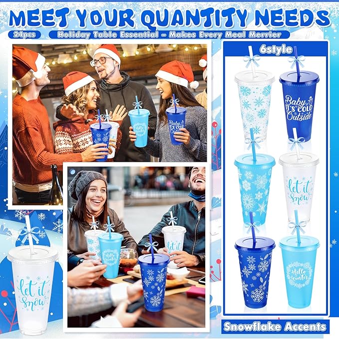 Yoiemivy 24 Pack Winter Plastic Cups Bulk 24 oz Reusable Snowflake Tumbler with Lids and Straws Holiday Party Christmas Drinking Cups for Holiday Party Favors Supplies