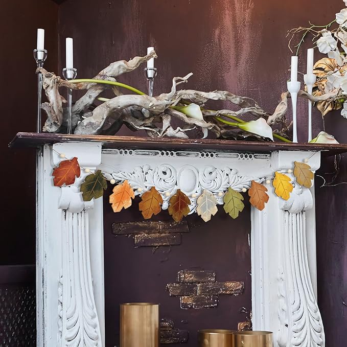 8.2 ft Fall Decorations Wooden Maple Leaf Garland Autumn Leaves Banner Multicolor Thanksgiving Banner Rustic Farmhouse Wood Bead Garland Hanging Decor for Fireplace Mantel Wall Home Window