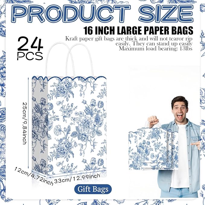 Kolldenn 24 Pcs Blue Floral Party Favor Bags with Handles 10 x 5 x 13 Inch Large Scalloped Wildflower Goodie Candy Gift Treat Bags for Birthday Decoration for Bridal Baby Shower Party Supplie