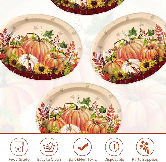 Grencian 50Pcs Fall Oval Paper Plates 10" x 12" Large Disposable Heavy Duty Pumpkin Plates Thanksgiving Pumpkin Sunflower Paper Platters for Thanksgiving Fall Harvest Holiday Decorations