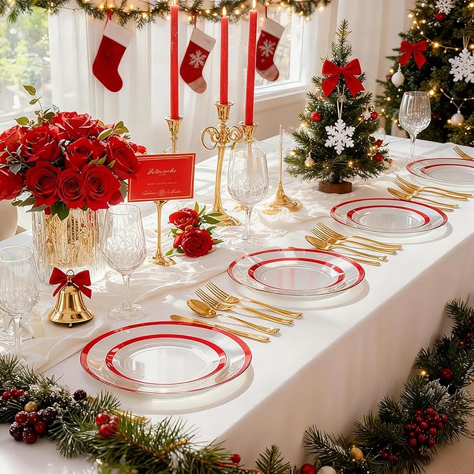 supernal 120pcs Clear and Red Plastic Plates Disposable Heavy Duty Fancy Unique Red Disposable Dinnerware Include Dinner and Dessert Size Perfect for Valentine's Day Party and Wedding